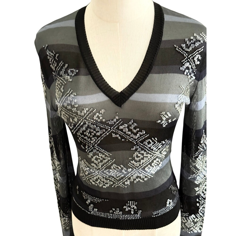 Christian Dior 2002 Galliano Beaded Metallic Knit Top 4 Grey Blue Archival Y2K